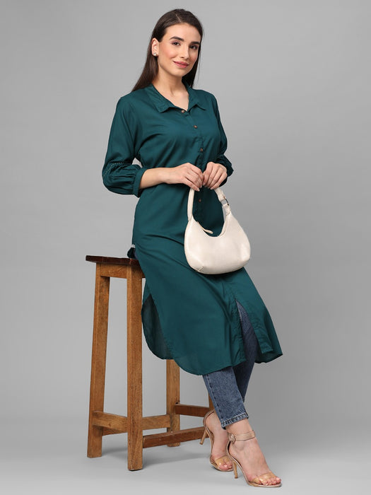 Teal Green Peacock Embroidered Straight Kurti with Straight Pants –  anokherang